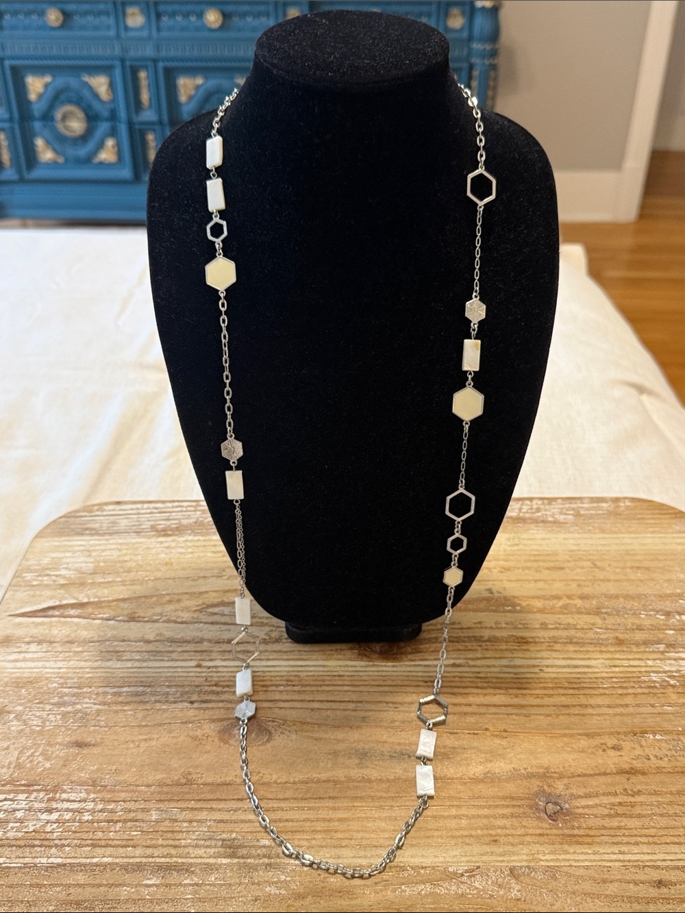 Vintage Silver Tone White Beige Beaded Long Statement Necklace